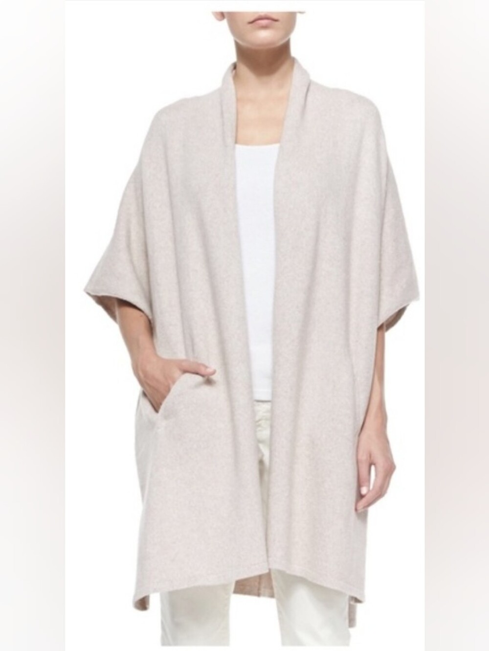 Eileen Fisher Open Cardigan Poncho S/M Cream Beige Dolman Cape Kimono